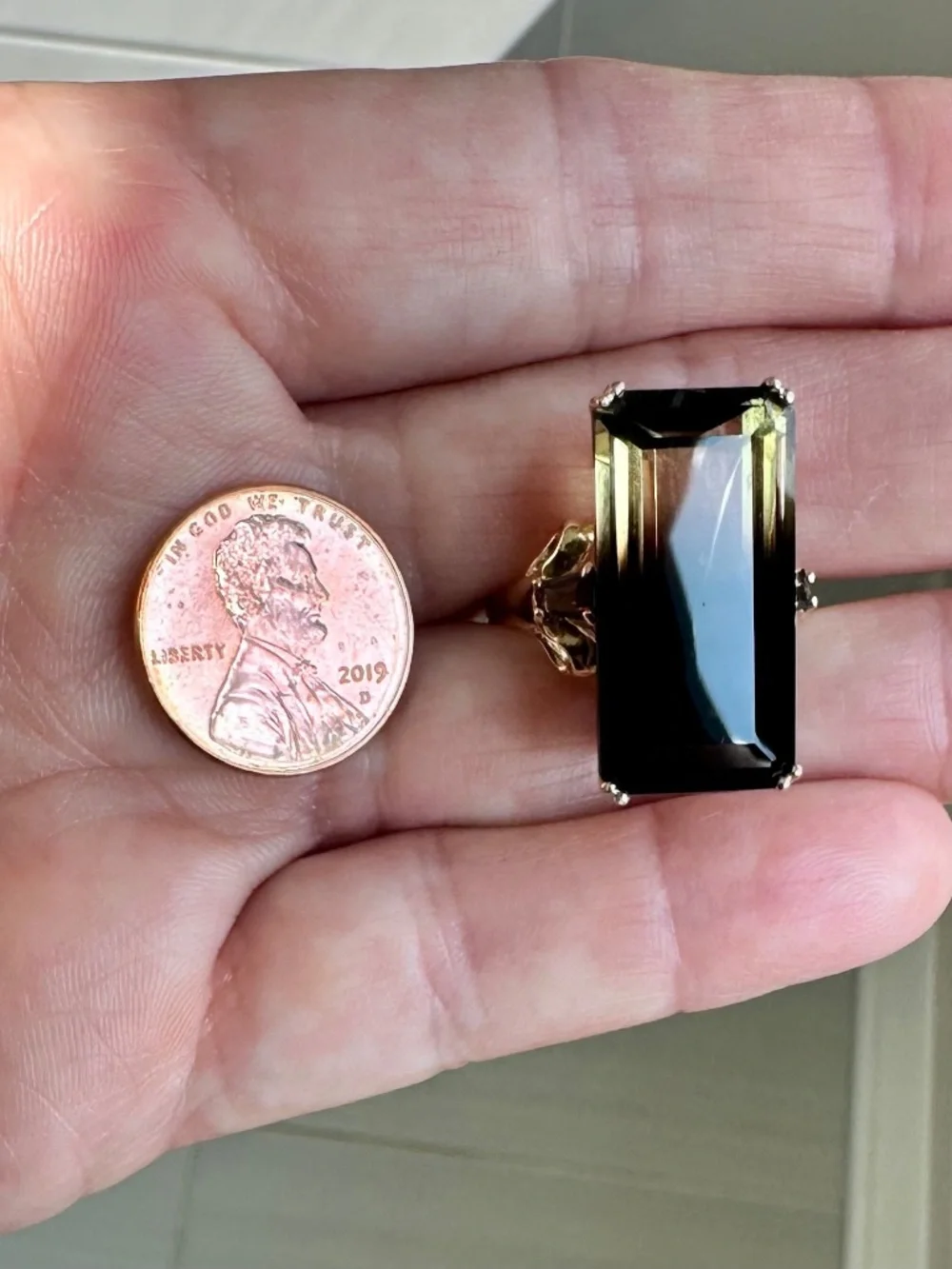 👑 MASSIVE 14k Gold 24mm Bicolor Citrine Smoky Quartz Statement Ring 🤎 Size 8.5